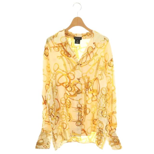 【中古】グッチ ヴィンテージ チェーン柄 シルクシャツ ブラウス オープンカラー 金ボタン 40 ベージュ イエロー