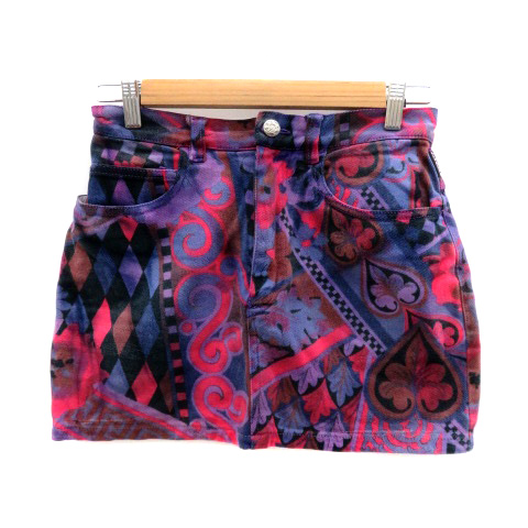 【中古】ヴェルサーチ ヴェルサーチェ VERSACE JEANS COUTURE 台形スカート ミニ丈 総柄 マルチカラー 紫