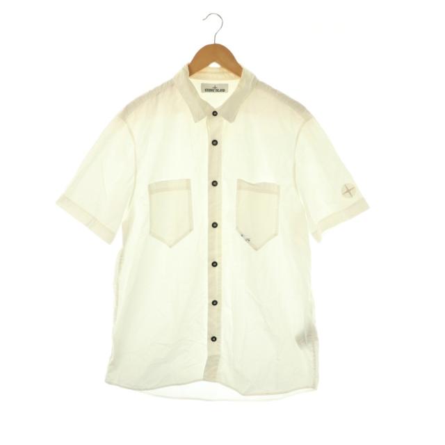 【中古】ストーンアイランド STONE  シャツ 半袖 前開き ロゴ コットン XL オフホワイト /NR ■GY53 レディース