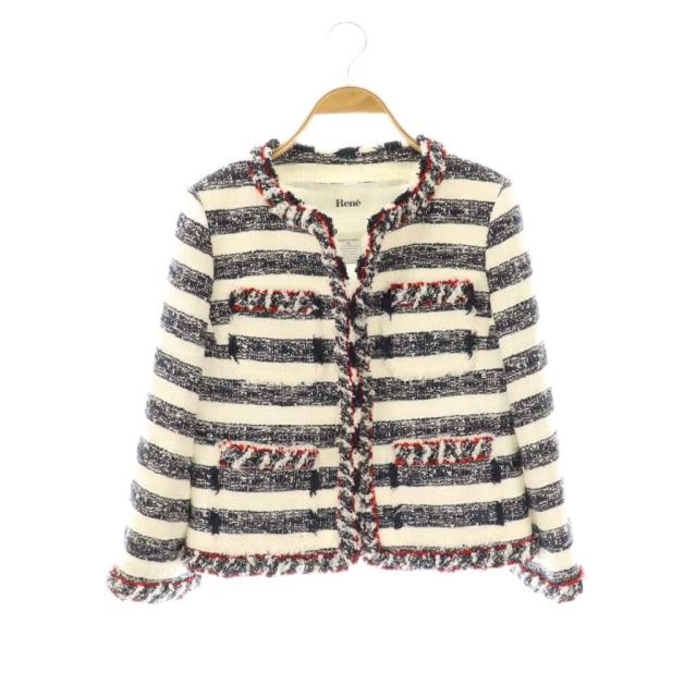 【中古】ルネ Rene TISSUE ツイードジャケット アウター ノーカラー ビーズ 装飾 36 オフホワイト 濃紺 赤