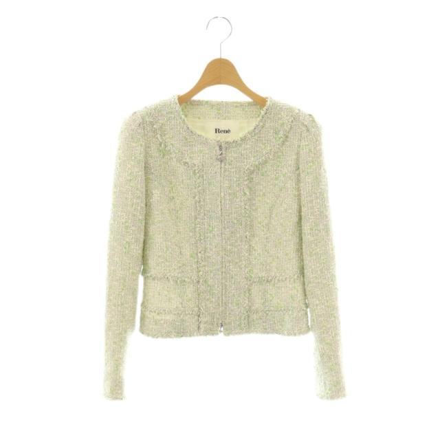 【中古】ルネ Rene TISSUE ツイードジャケット アウター ノーカラー ジップアップ 36 白 緑 /NR ■GY53 レディース