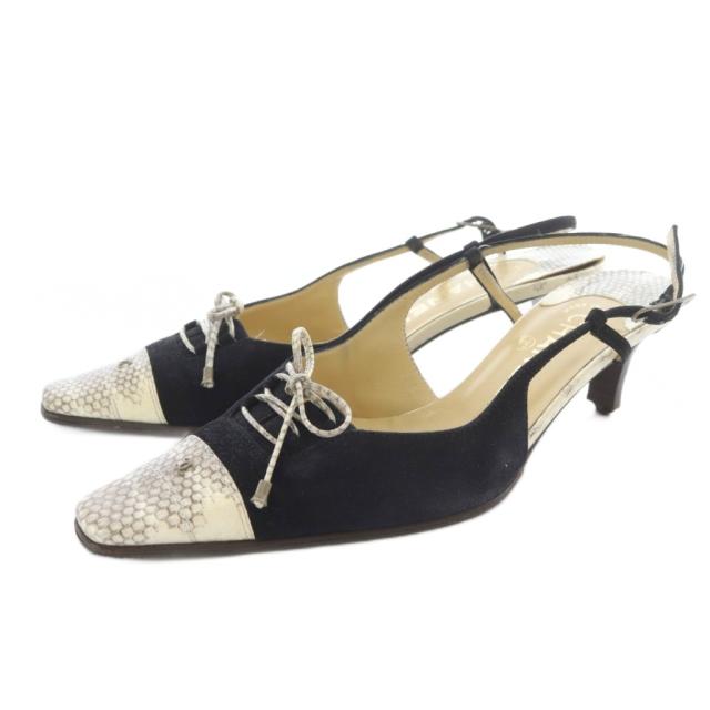 【中古】シャネル CHANEL パイソン サンダル ストラップ スエード 36.5 黒 ブラック ベージュ /SR ■GY57 レディース