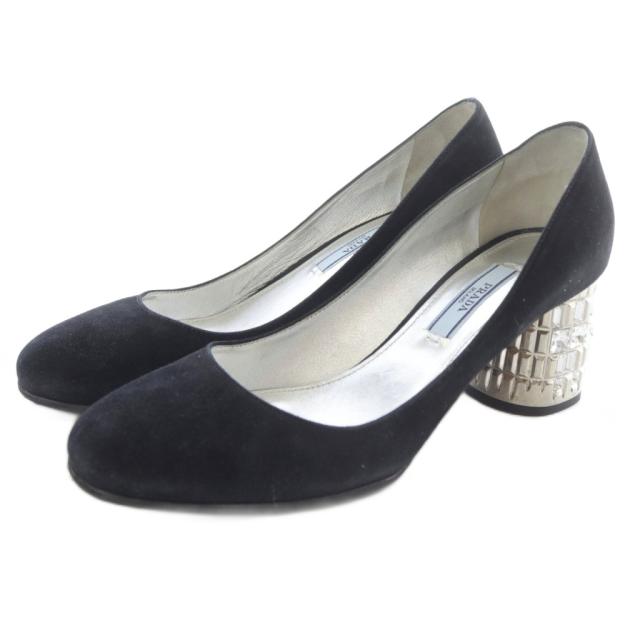 【中古】プラダ PRADA ビジューヒール パンプス スエード 35.5 黒 ブラック /SR ■GY57 レディース