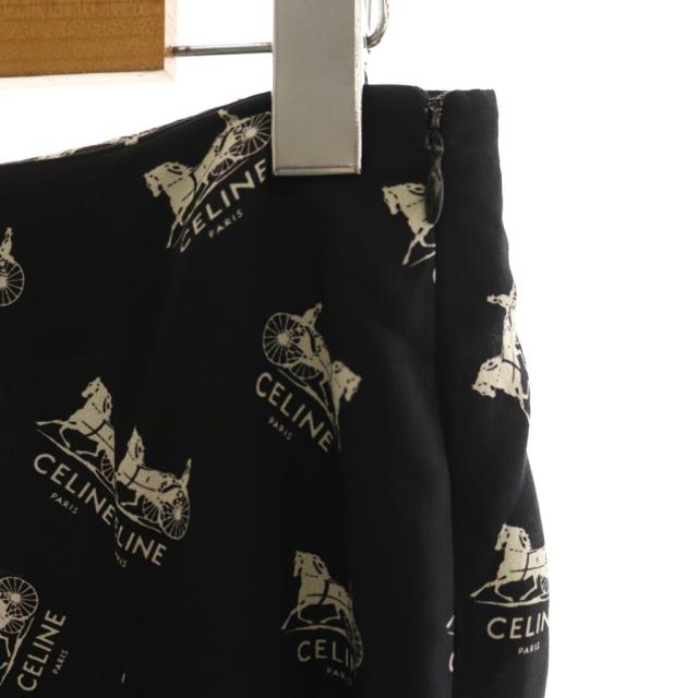 【中古】セリーヌ CELINE サルキー ロゴ総柄 スカート フレア 絹 シルク 36 黒 ブラック 白 ホワイト /CX ■GY57_2