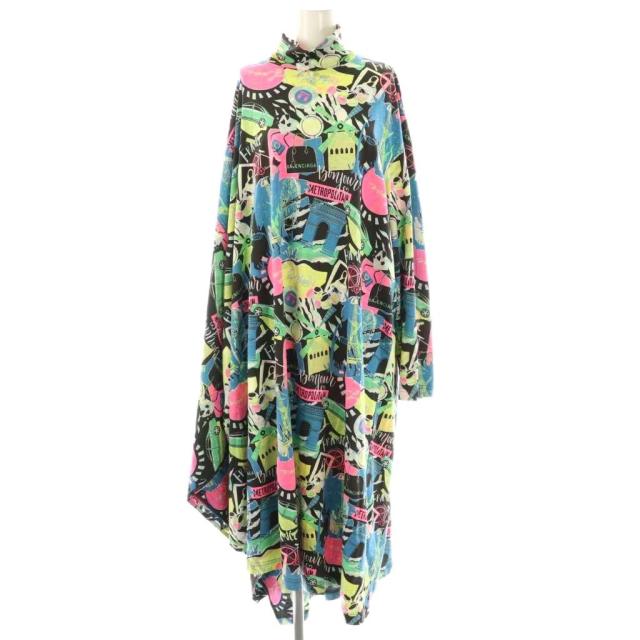 【中古】バレンシアガ BALENCIAGA 20SS シティプリント ワンピース ロング 総柄 XS ブラック マルチカラー /DO