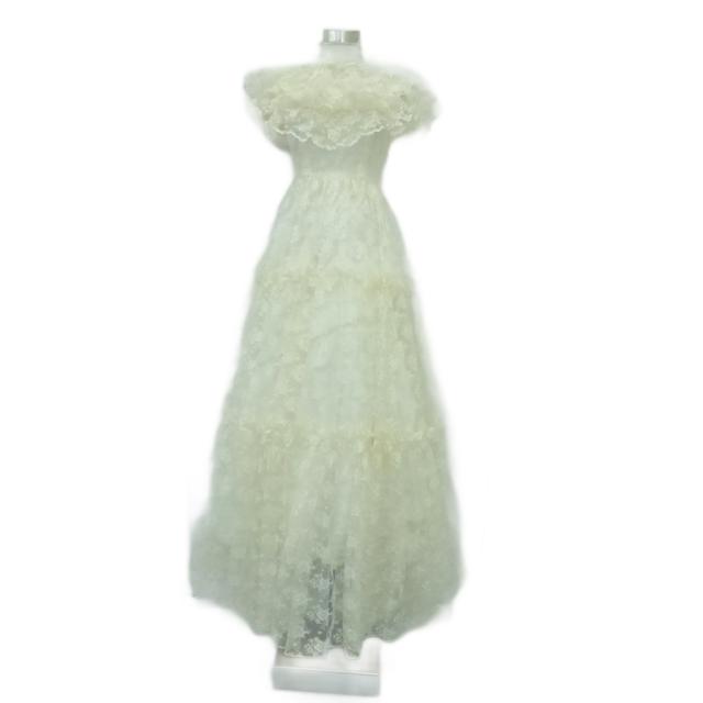 【中古】ハナサユ ドレス ワンピース ハイネック 半袖 ロング丈 マキシ丈 総レース アイボリー パニエ付き 2115019