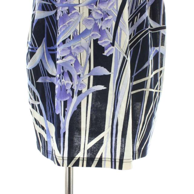 【中古】LEONARD チュニック ワンピース フレンチスリーブ ひざ丈 クルーネック 花柄 ストライプ 総柄 42 L 紺 紫_6