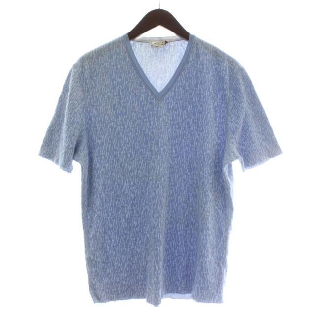 【中古】エルメス HERMES Tシャツ ニット 半袖 Vネック Hロゴ 総柄 L 青 ブルー 白 ホワイト /XZ メンズ