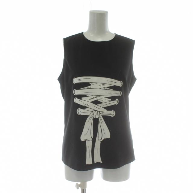 【中古】モスキーノ MOSCHINO ブティック BOUTIQUE タンクトップ ノースリーブ リボン プリント 40 黒 ブラック