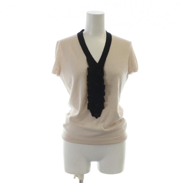 【中古】シャネル CHANEL 07C ヘンリーネックカシミヤニットTシャツ カットソー 半袖 フリル ロゴ カシミヤ 絹混