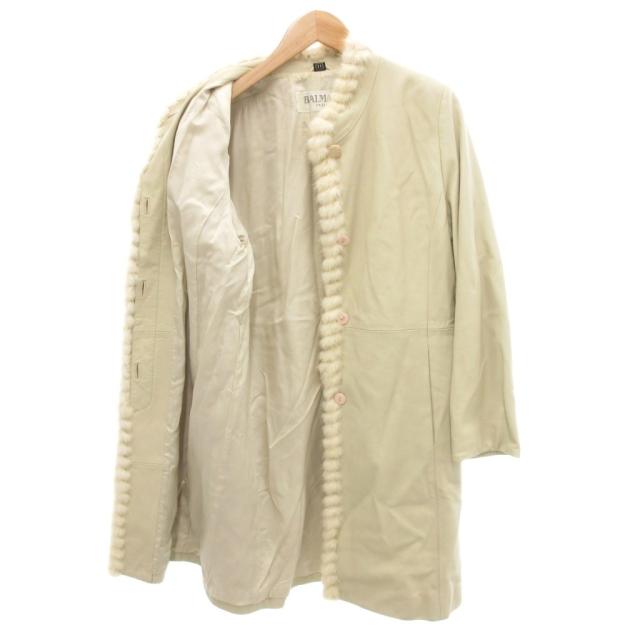 【中古】バルマン BALMAIN レザーコート 11 ベージュ スタンドカラー ファー ミドル ハーフ丈 /SJ ■GY58_3