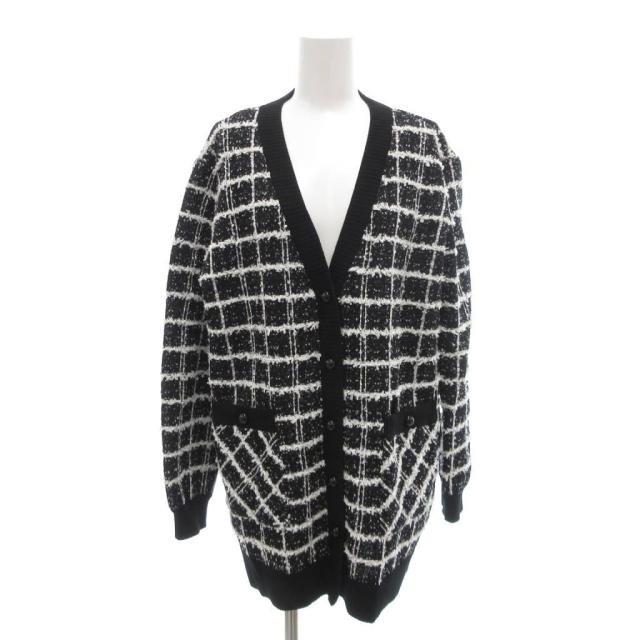 【中古】ルネ Rene 美品 ツイードニット カーディガン チェック柄 34 白 ホワイト 黒 ブラック /UO ■GY61