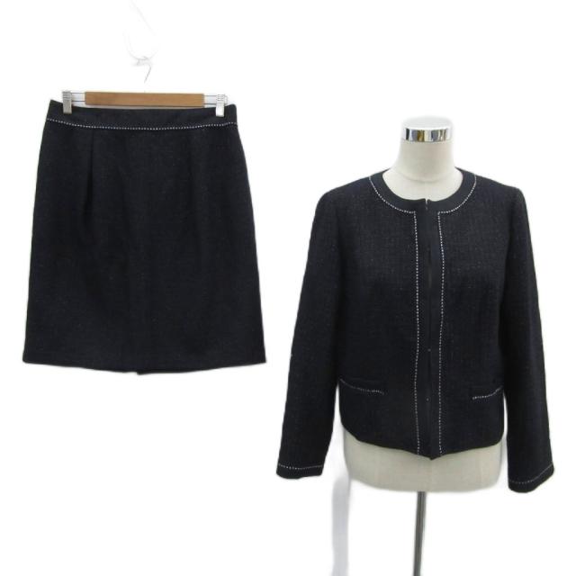 【中古】23区 オンワード樫山 フォーマル セットアップ 上下 46 紺 ノーカラージャケット タイトスカート ツイード