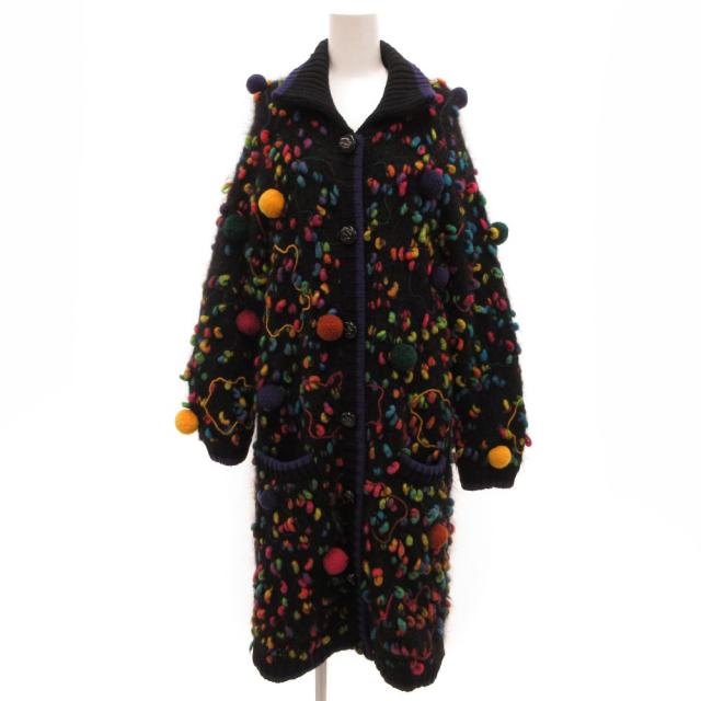 【中古】ケイコムラカミ KEIKOMURAKAMI ロングコート ニット ネップ 黒 ブラック 長袖 ポンポン装飾