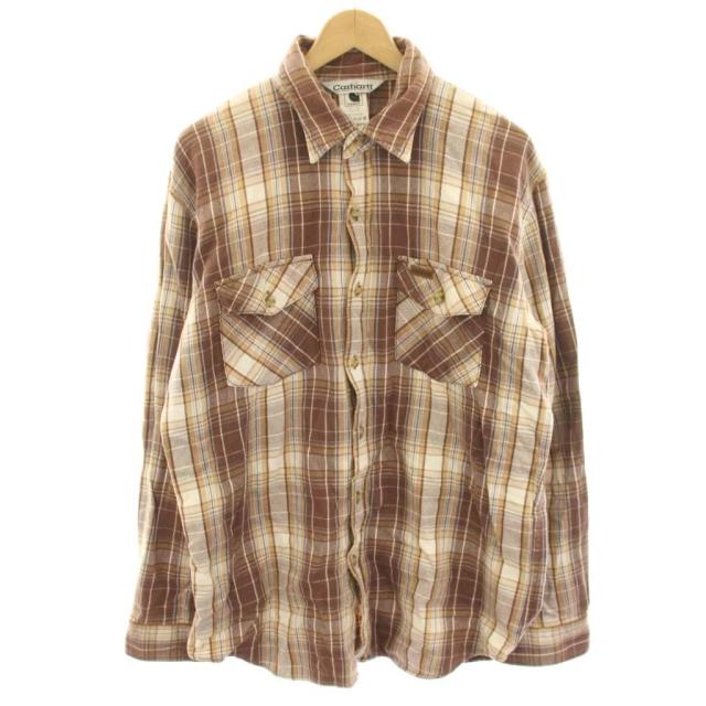 【中古】カーハート carhartt ネルシャツ カジュアルシャツ XL 茶 ブラウン チェック 長袖 胸ポケット付き 05158