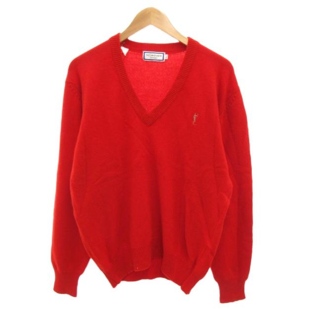 【中古】イヴサンローラン YVES SAINT LAURENT ヴィンテージ ニット セーター カシミヤ L 長袖 Vネック 赤 レッド