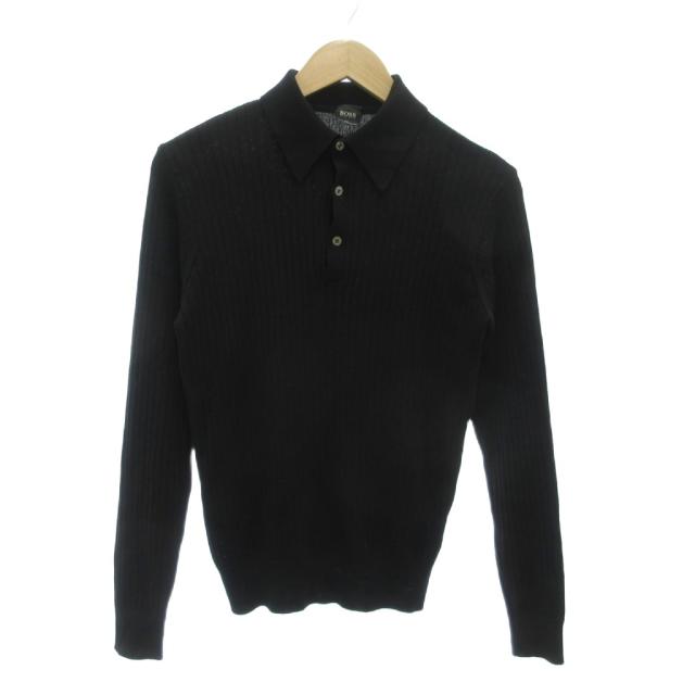 【中古】ヒューゴボス HUGO BOSS イタリア製 ニット セーター 48 長袖 リブ ポロカラー 黒 ブラック /NU ■ECA002