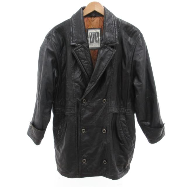 【中古】VIA NUOVA PELLE ラムレザーコート ジャケット 48 革ジャン ダブルボタン 黒 ブラック /JS ■ECA002 メンズ