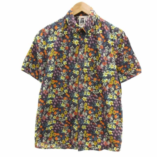【中古】ケニントン KENNINGTON 80s ヴィンテージ ボタンダウンシャツ 半袖 花がら 総柄 M ネイビー マルチカラー