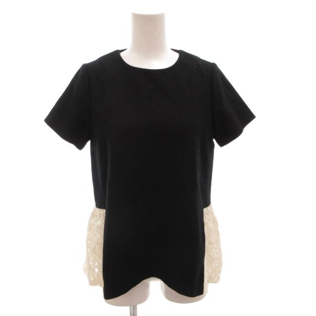 【中古】ヨーコチャン YOKO CHAN チュニック カットソー レース ウール 半袖 36 黒 ブラック 白 ホワイト