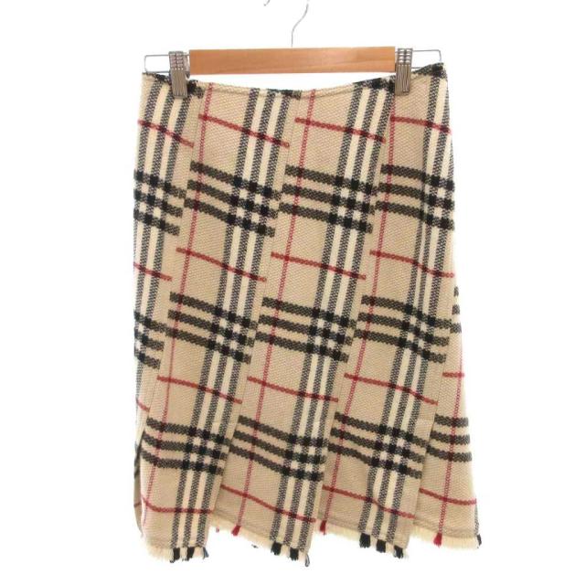 【中古】バーバリー LONDON 美品 フレアスカート ウール フリンジ ノバチェック 36 ベージュ 黒 ブラック 赤 レッド