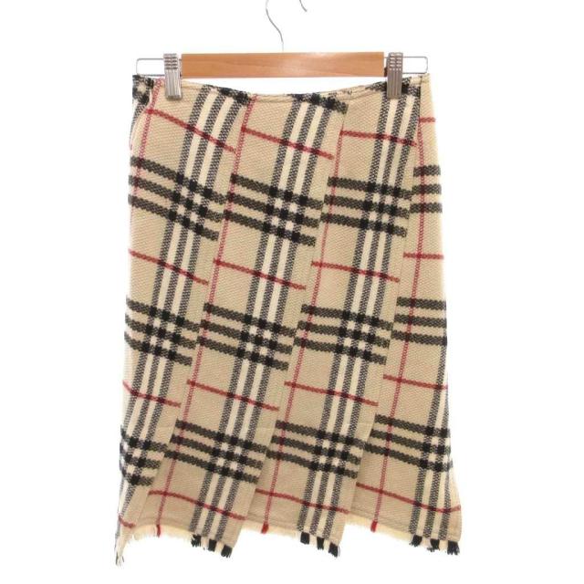【中古】バーバリー LONDON 美品 フレアスカート ウール フリンジ ノバチェック 36 ベージュ 黒 ブラック 赤 レッド_1