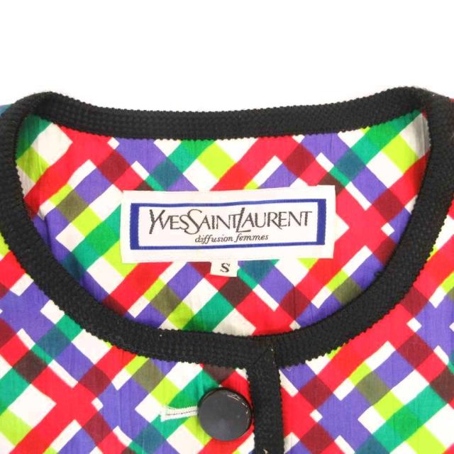 【中古】イヴサンローラン ヴィンテージ 美品 ノーカラーブラウス ペプラム パフスリーブ チェック柄 半袖 7_5