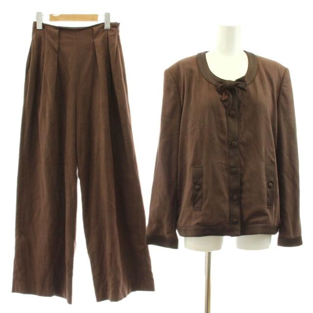 【中古】インゲボルグ セットアップ ノーカラージャケット ワイドパンツ タック ベロア M 茶 ブラウン