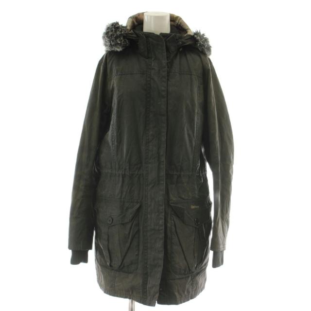 【中古】バブアー Barbour ワックスドコート 12 黒 長袖 フード付き オイルド加工 ミドル丈 フェイクファー