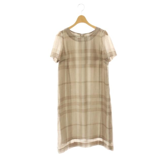 【中古】バーバリー ロンドン BURBERRY LONDON ワンピース ミモレ ロング 半袖 クルーネック チェック柄 グレージュ