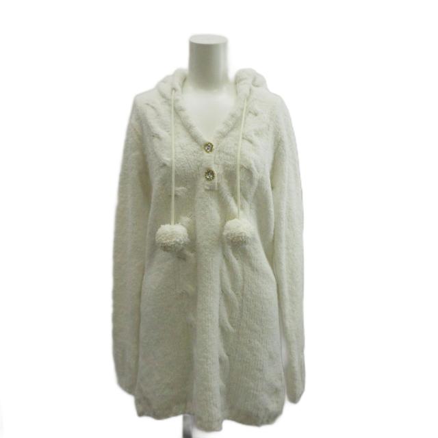 【中古】未使用品 リズリサ LIZ LISA ワンピース ニット 長袖 ひざ丈 フード Vネック ポンポン付き M 白 ホワイト