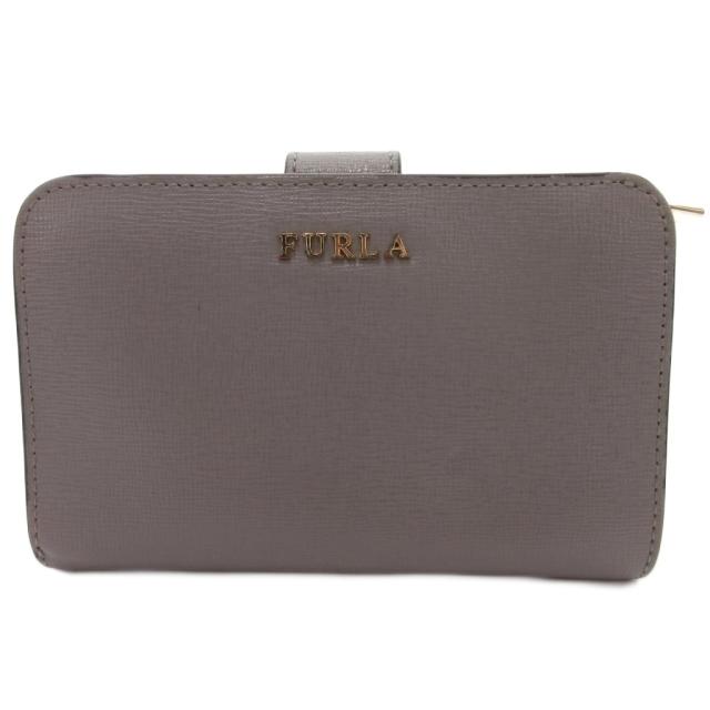 【中古】未使用品 フルラ FURLA 2つ折り財布 ウォレット グレージュ スナップボタン留め ジッパー付き 型押し加工