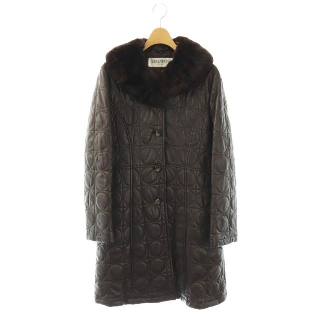 【中古】バルマン BALMAIN コート アウター ロング レザー 茶 /NR ■ECD003 レディース