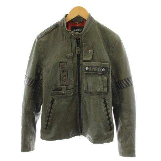 【中古】アヴィレックス AVIREX COMAND SINGLE RIDERS レザージャケット 革ジャン ロゴ 羊革 M 緑 グリーン 6111037