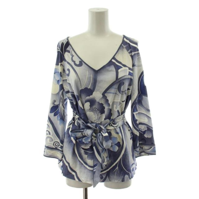 【中古】レオナール LEONARD FASHION シャツ ブラウス 花柄 L 青 ブルー 白 ホワイト 0399225 /AN56 ■ECD003