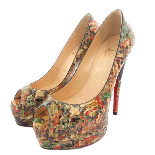 【中古】クリスチャンルブタン Christian louboutin パンプス オープントゥ パイソンレザー34 マルチカラー