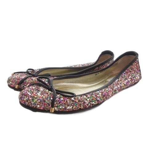 【中古】ジミーチュウ JIMMY CHOO バレエシューズ フラット リボン ラメ 34.5 マルチカラー