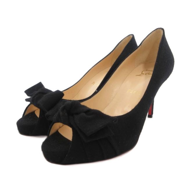 【中古】クリスチャンルブタン Christian louboutin シュロの葉パンプス オープントゥ 37.5 黒 黒いこと /FF ■GY62
