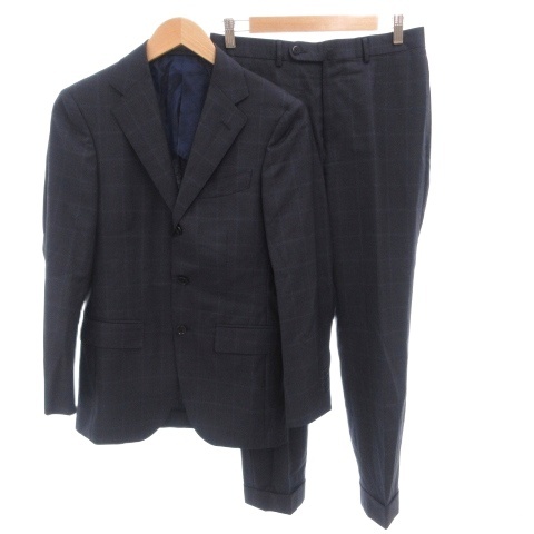 【中古】ビームス BEAMS セットアップ スーツ ジャケット パンツ ウール チェック 42 紺 ネイビー