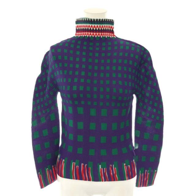 【中古】ミーイッセイミヤケ me ISSEY MIYAKE カットソー 長袖 ハイネック 総柄 ネイビー マルチカラー /ES ■GY53