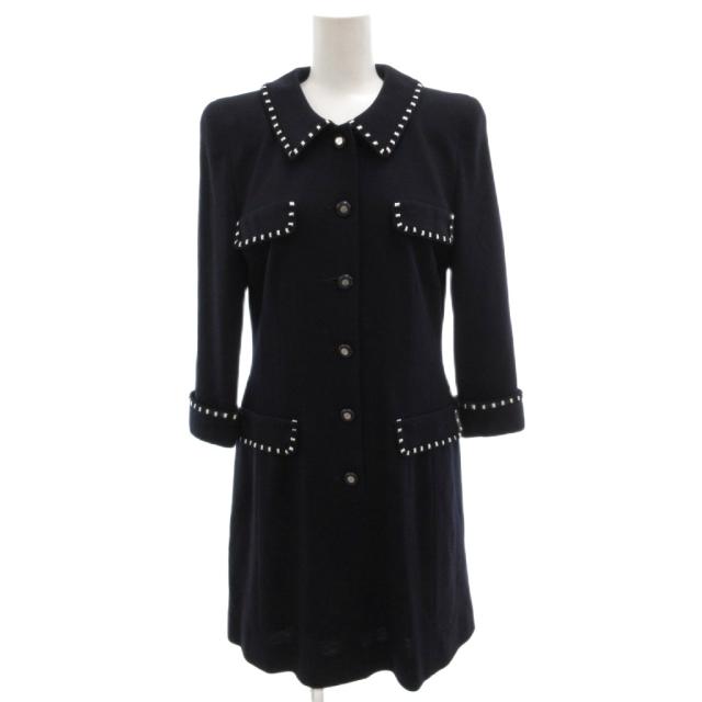【中古】フォクシー ブティック FOXEY BOUTIQUE ワンピース ドレス 長袖 ひざ丈 裾レース ウール 40 紺 ネイビー