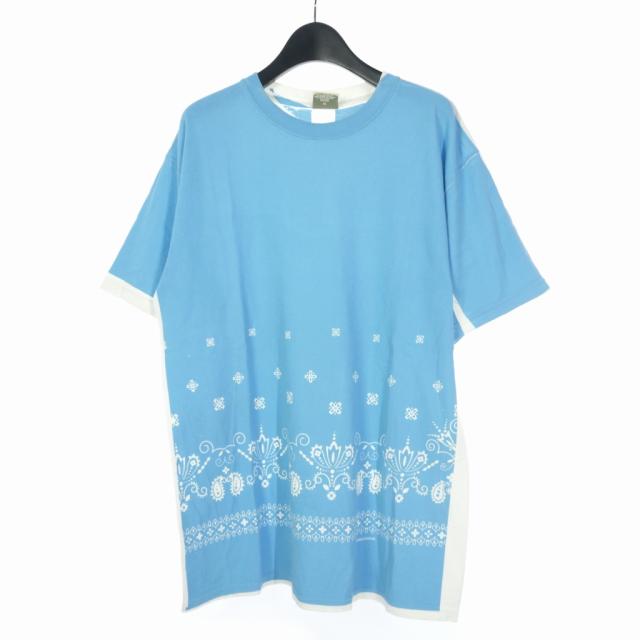 【中古】グッドイナフ GOODENOUGH Tシャツ 手刷り プリント クールネック 半袖 バンダナ柄 M ライトブルー ホワイトの通販はTシャツ