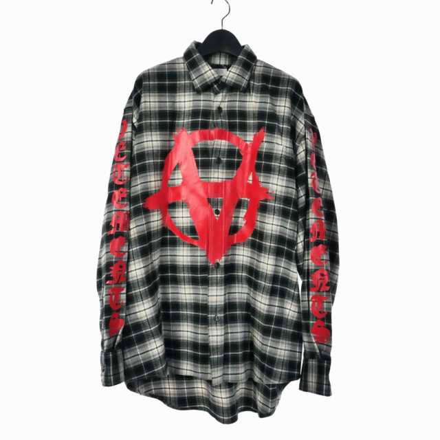 【中古】ヴェトモン ベトモン VETEMENTS アナーキー ロゴ フランネル チェック シャツ オーバーサイズ 長袖 S 黒