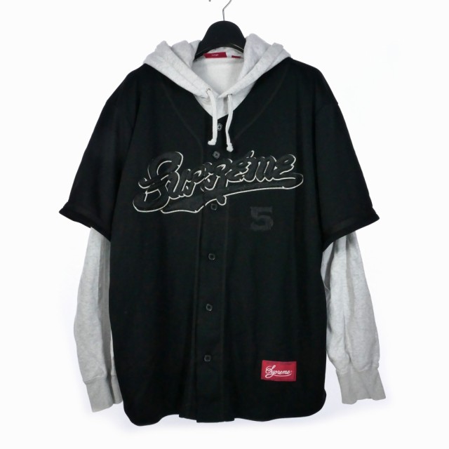 【中古】シュプリーム SUPREME 22SS Baseball Jersey Hooded Sweatshirt ベースボールシャツ レイヤード フーディ L