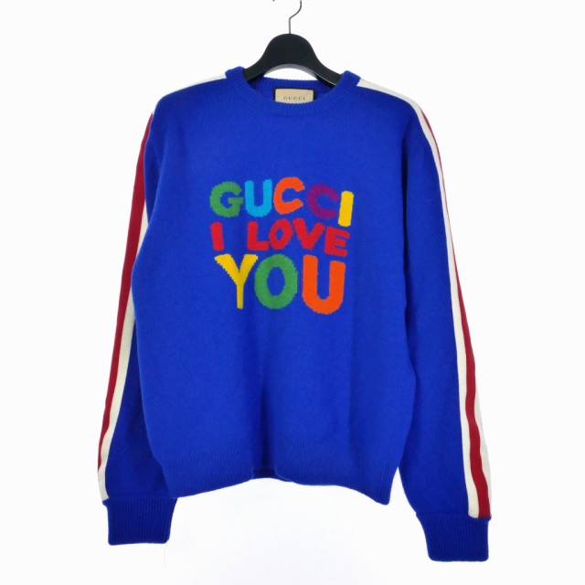 【中古】グッチ GUCCI love you sweater ニット セーター 総柄 ブルー M ブルー系 メンズ