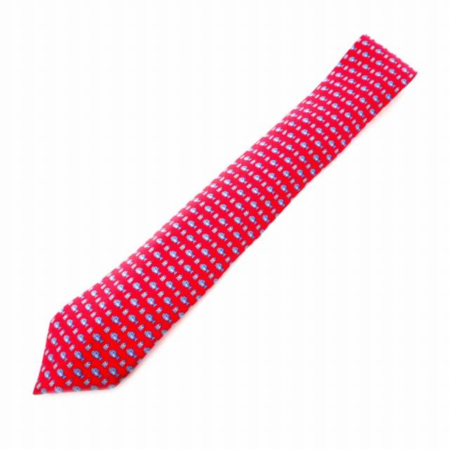 【中古】エルメス HERMES 魚柄 シルクネクタイ レッド 赤 メンズ