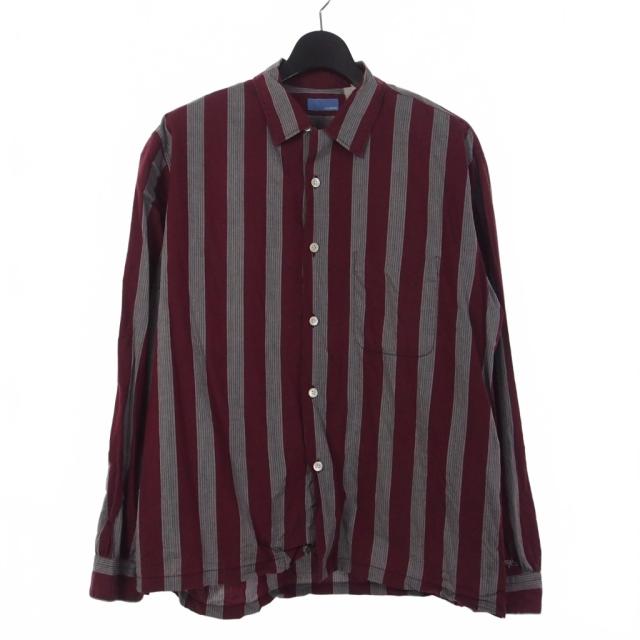 【中古】グッドイナフ GOODENOUGH 90s ストライプ オープンカラー シャツ 長袖 袖ロゴ刺? ボルドー グレー メンズ