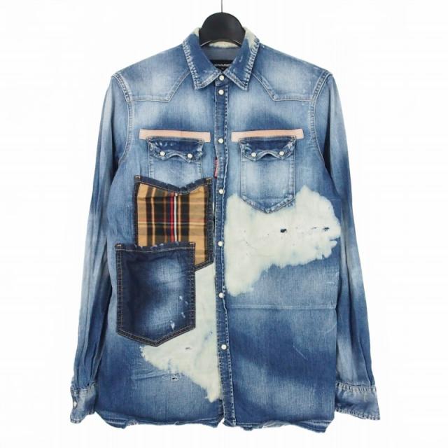 【中古】ディースクエアード DSQUARED2 21AW パッチワーク ダメージ加工 デニムシャツ 長袖 46 インディゴ