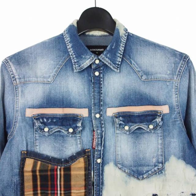 【中古】ディースクエアード DSQUARED2 21AW パッチワーク ダメージ加工 デニムシャツ 長袖 46 インディゴ_2