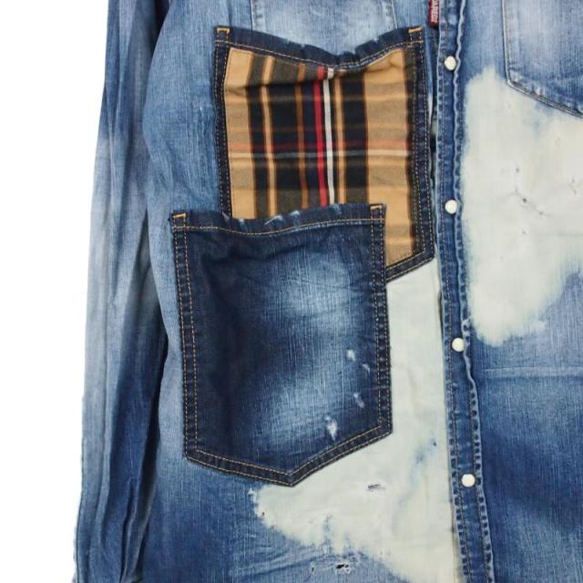 【中古】ディースクエアード DSQUARED2 21AW パッチワーク ダメージ加工 デニムシャツ 長袖 46 インディゴ_3